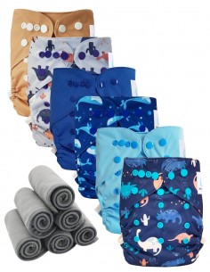 Lot 6 couches lavables tout en deux Te2 à doubles goussets + 6 inserts en bambou