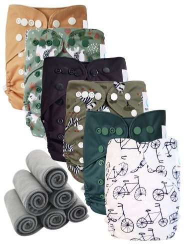Lot 6 couches lavables tout en deux Te2 à doubles goussets + 6 inserts en bambou
