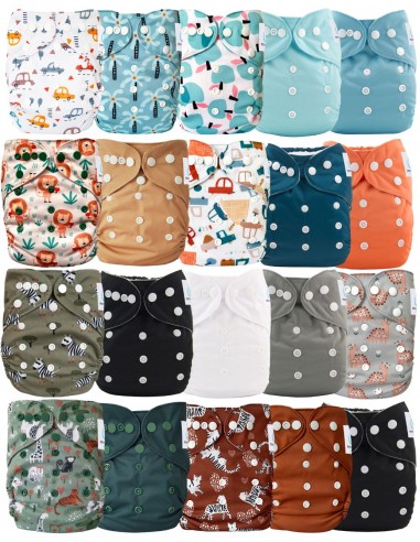 Lot de 20 couches lavables évolutives unies garçon + 20 inserts