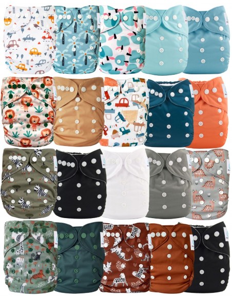 Lot de 20 couches lavables évolutives unies garçon + 20 inserts