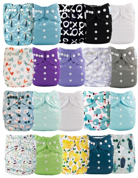 Lot de 20 couches lavables évolutives unies garçon + 20 inserts