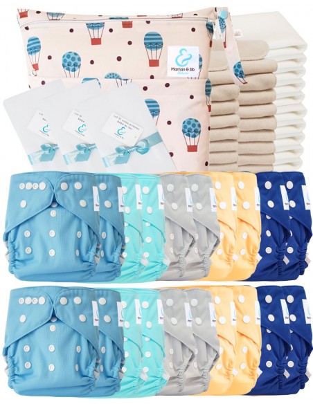 Pack complet couches lavables TE2 certifiées Oeko Tex® + 20 inserts en coton + 10 inserts bambou + sac + voiles de protection
