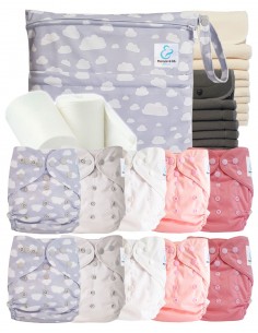 Pack complet couches lavables TE2 + 10 inserts bambou + 10 inserts charcoal + sac imperméable + voiles de protection