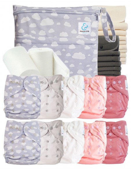 Pack complet couches lavables TE2 + 10 inserts bambou + 10 inserts charcoal + sac imperméable + voiles de protection