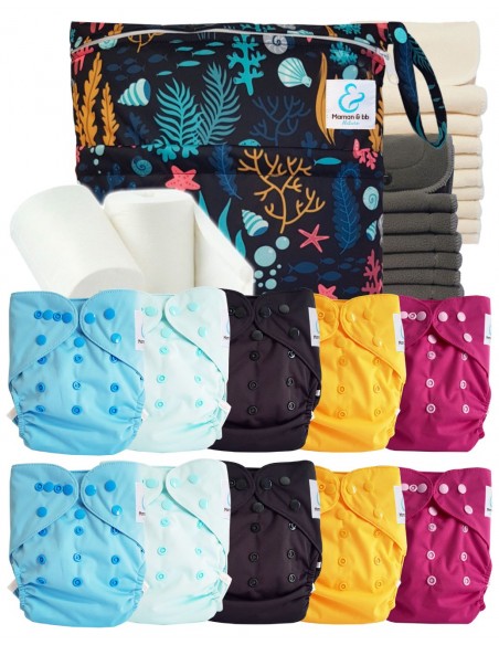 Pack complet couches lavables TE2 + 10 inserts bambou + 10 inserts charcoal + sac imperméable + voiles de protection