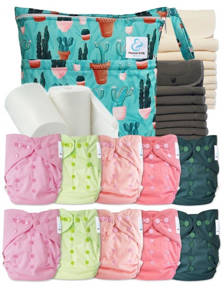 Pack complet couches lavables TE2 + 10 inserts bambou + 10 inserts charcoal + sac imperméable + voiles de protection
