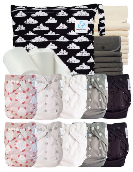 Pack complet couches lavables TE2 + 10 inserts bambou + 10 inserts charcoal + sac imperméable + voiles de protection