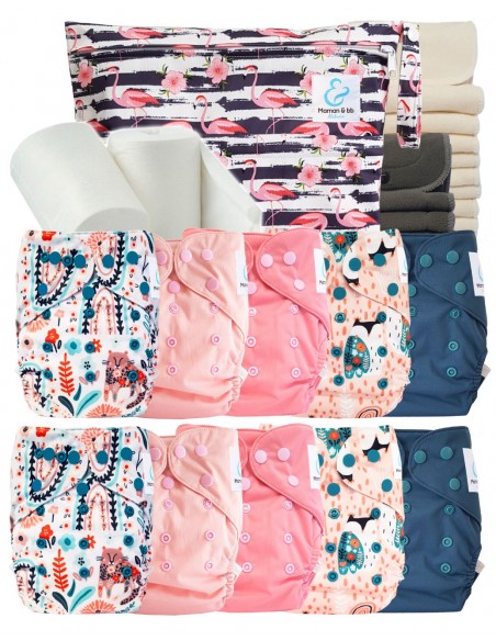 Pack complet couches lavables TE2 + 10 inserts bambou + 10 inserts charcoal + sac imperméable + voiles de protection