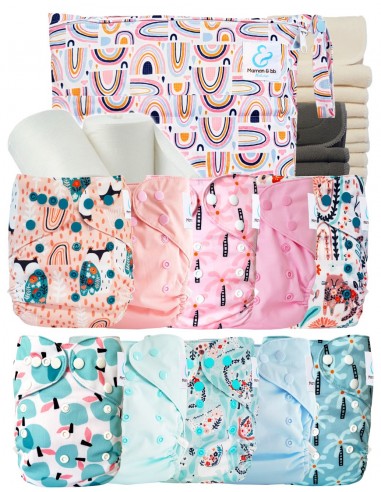 Pack complet couches lavables TE2 + 10 inserts bambou + 10 inserts charcoal + sac imperméable + voiles de protection