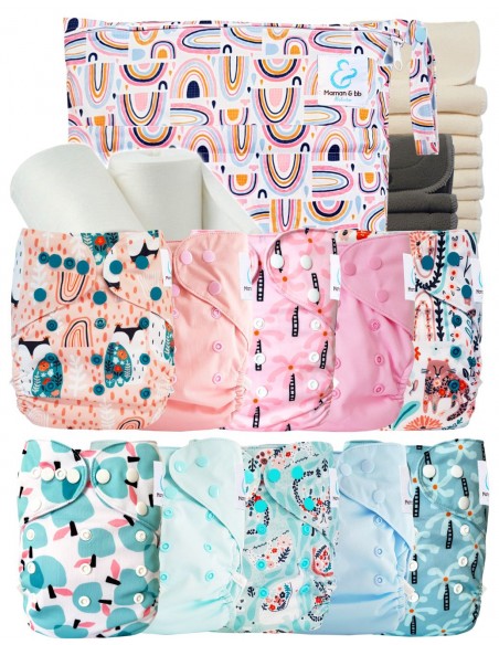 Pack complet couches lavables TE2 + 10 inserts bambou + 10 inserts charcoal + sac imperméable + voiles de protection