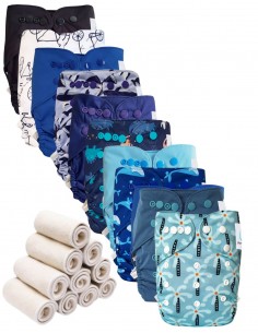 Lot 10 couches lavables tout en deux Te2 à doubles goussets + 10 inserts en bambou