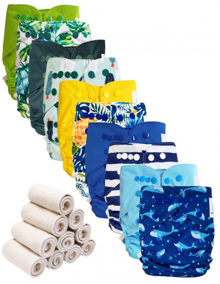 Lot 10 couches lavables tout en deux Te2 à doubles goussets + 10 inserts en bambou