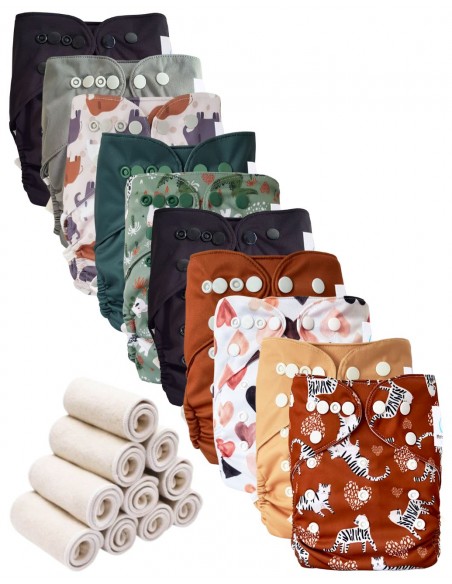 Lot 10 couches lavables tout en deux Te2 à doubles goussets + 10 inserts en bambou