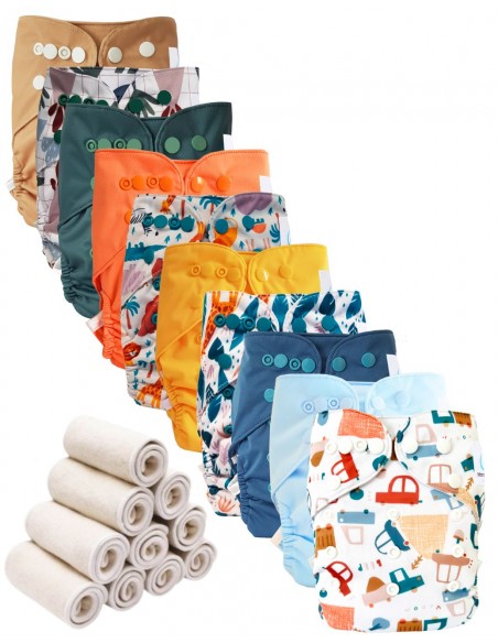 Lot 10 couches lavables tout en deux Te2 à doubles goussets + 10 inserts en bambou