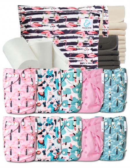 Pack complet couches lavables TE2 + 10 inserts bambou + 10 inserts charcoal + sac imperméable + voiles de protection