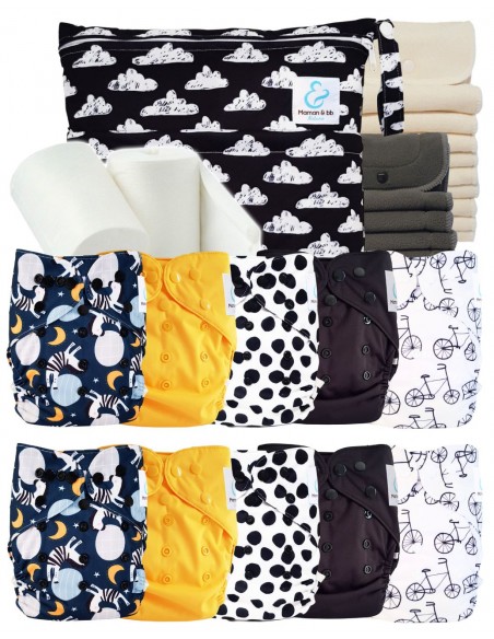 Pack complet couches lavables TE2 + 10 inserts bambou + 10 inserts charcoal + sac imperméable + voiles de protection