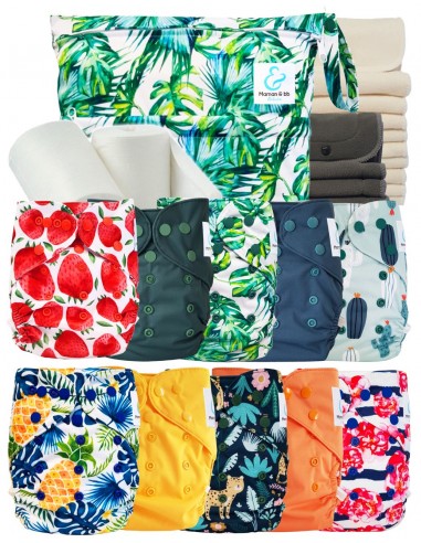 Pack complet couches lavables TE2 + 10 inserts bambou + 10 inserts charcoal + sac imperméable + voiles de protection