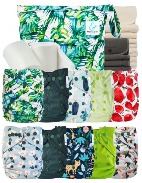 Pack complet couches lavables TE2 + 10 inserts bambou + 10 inserts charcoal + sac imperméable + voiles de protection