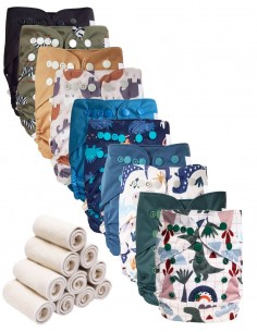 Lot 10 couches lavables tout en deux Te2 à doubles goussets + 10 inserts en bambou