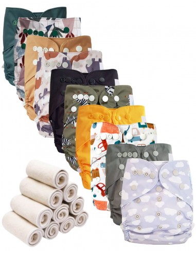 Lot 10 couches lavables tout en deux Te2 à doubles goussets + 10 inserts en bambou