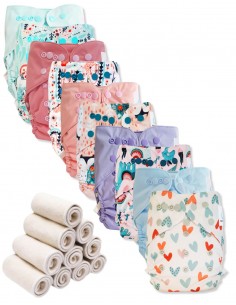 Lot 10 couches lavables tout en deux Te2 à doubles goussets + 10 inserts en bambou