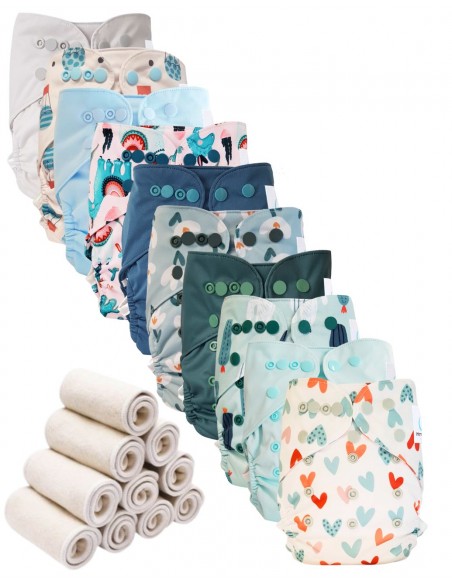 Lot 10 couches lavables tout en deux Te2 à doubles goussets + 10 inserts en bambou