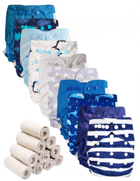 Lot 10 couches lavables tout en deux Te2 à doubles goussets + 10 inserts en bambou