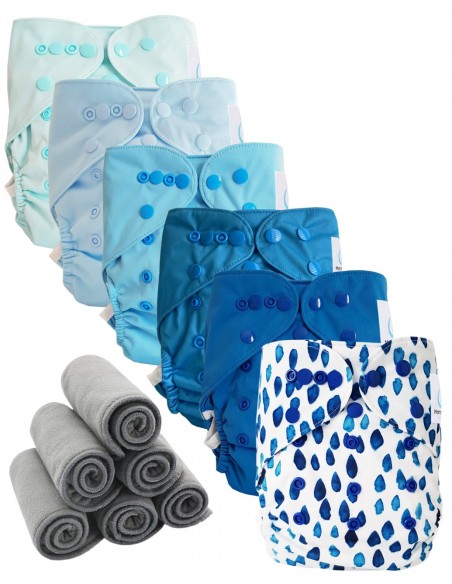 Lot 6 couches lavables tout en deux Te2 à doubles goussets + 6 inserts en bambou