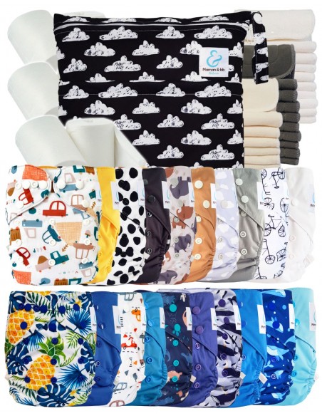 Mega pack couches lavables TE2 + 10 inserts bambou + 10 inserts microfibre + sac imperméable + voiles de protection