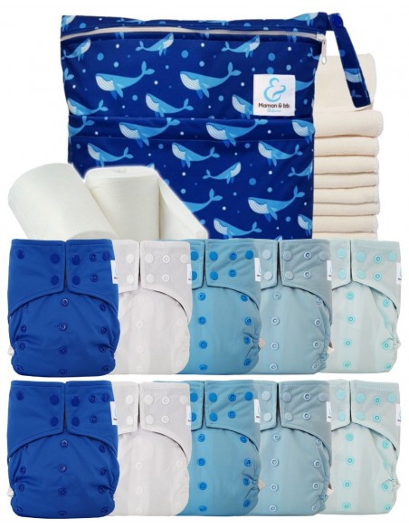 Pack complet 10 couches lavables intégrales + inserts bambou sac imperméable et voiles de protection