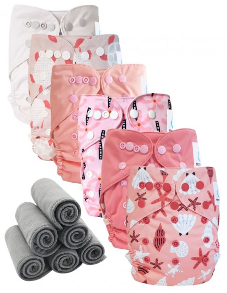 Lot 6 couches lavables tout en deux Te2 à doubles goussets + 6 inserts en bambou