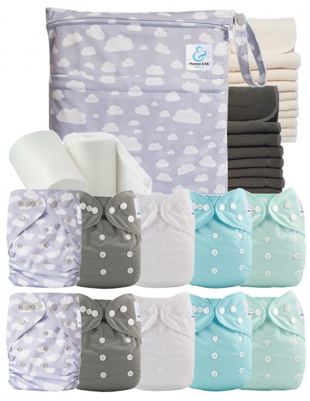 Pack complet couches lavables bambou inserts sac imperméable et voiles de protection