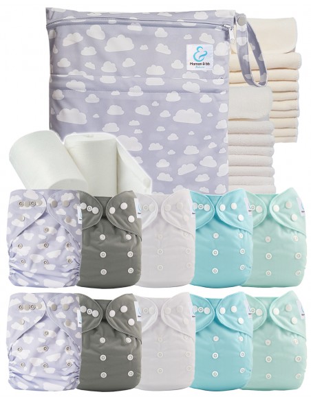 Pack complete blue tones 10 washable diapers inserts waterproof bag