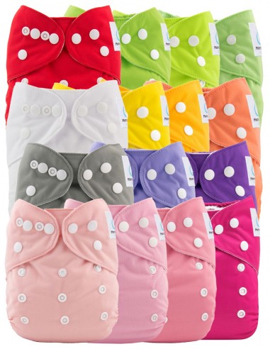 Lot de 15 couches lavables evolutives unies + 15 inserts tons bleus