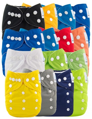 Lot de 15 couches lavables evolutives unies + 15 inserts tons bleus