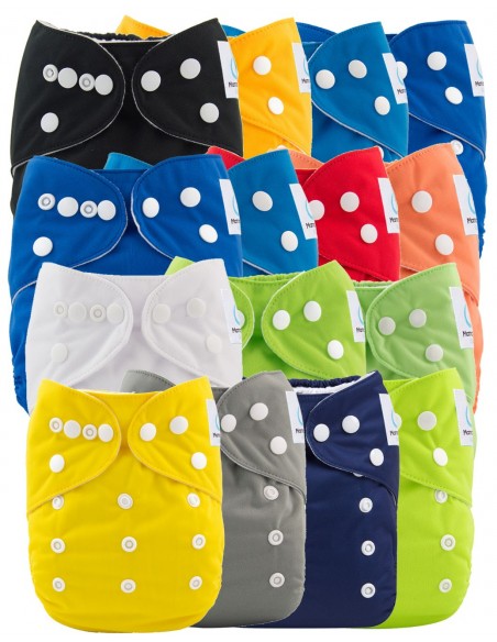 Lot de 15 couches lavables evolutives unies + 15 inserts tons bleus