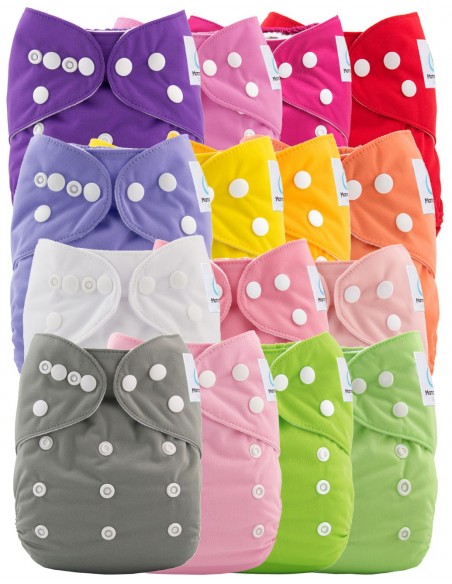 Lot de 15 couches lavables evolutives unies + 15 inserts tons bleus