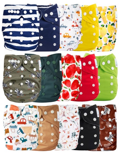 Lot de 15 couches lavables evolutives unies + 15 inserts tons bleus