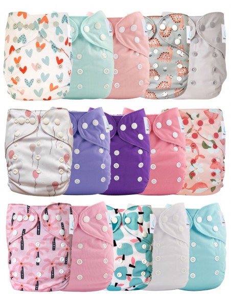 Lot of 15 washable diapers one-size + 15 inserts blue tones