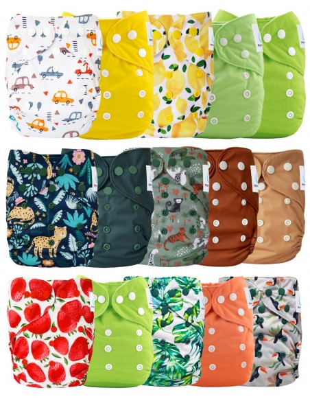 Lot de 15 couches lavables evolutives unies + 15 inserts