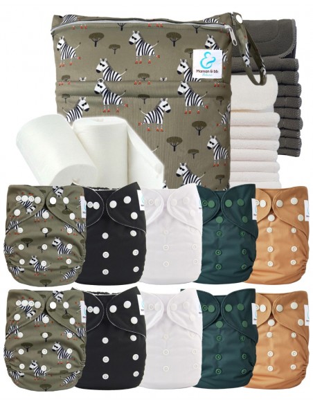 Pack complet couches lavables bambou inserts sac imperméable et voiles de protection