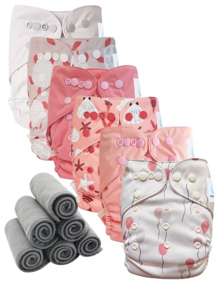 Lot 6 couches lavables tout en deux Te2 à doubles goussets + 6 inserts en bambou