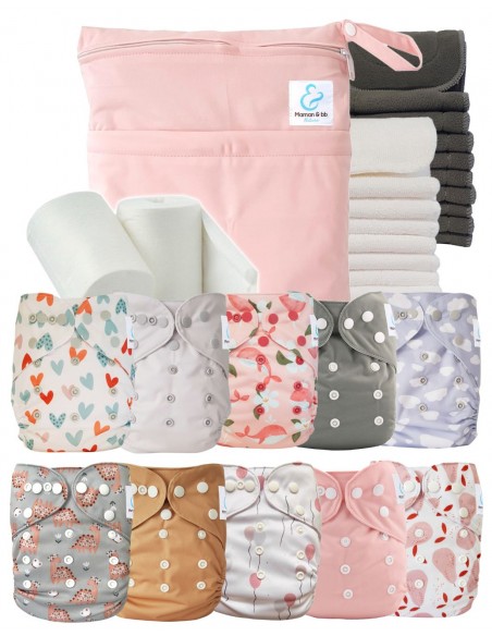 Pack complet couches lavables bambou inserts sac imperméable et voiles de protection