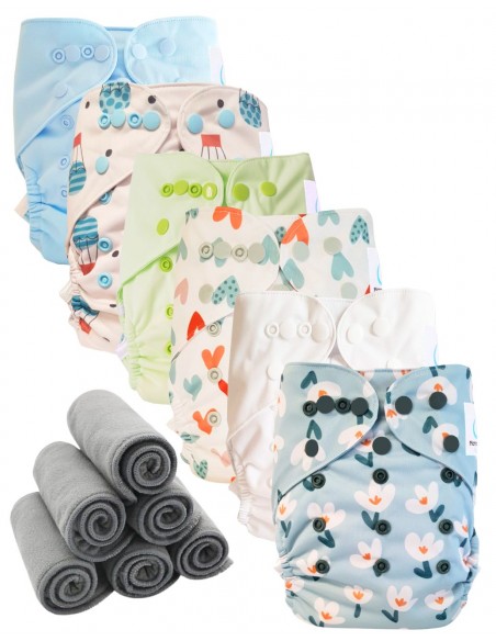 Lot 6 couches lavables tout en deux Te2 à doubles goussets + 6 inserts en bambou