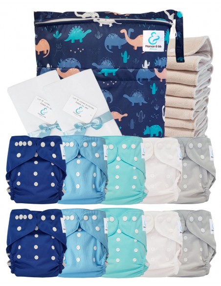 Pack complet couches lavables TE2 certifiées Oeko Tex® + 10 inserts en coton + sac imperméable + voiles de protection
