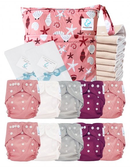 Paquete completo pañales Lavable TE2 certificado Oeko Tex® + 10 insertos de algodón + bolsa impermeable + velas protectoras