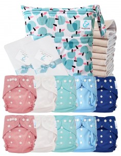Complete Pack Cover Diapers Certified Oeko Tex® + 10 Cotton Inserts + Waterproof Bag + Protective Sails