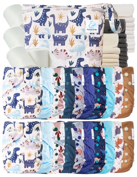 Mega pack couches lavables TE2 + 10 inserts bambou + 10 inserts microfibre + sac imperméable + voiles de protection