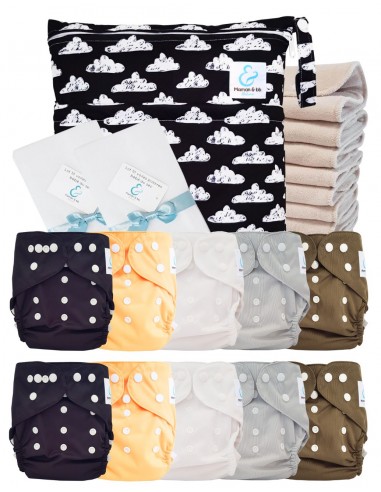 Pack complet couches lavables TE2 certifiées Oeko Tex® + 10 inserts en coton + sac imperméable + voiles de protection