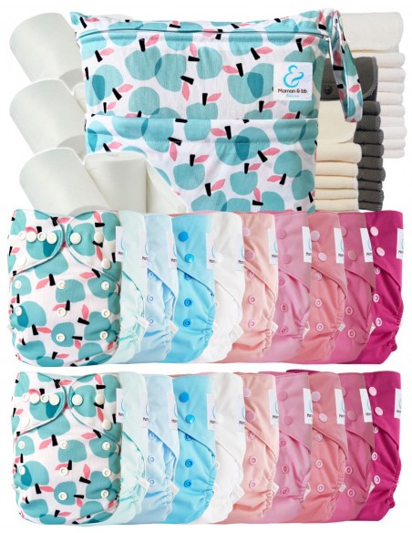 Mega pack couches lavables TE2 + 10 inserts bambou + 10 inserts microfibre + sac imperméable + voiles de protection
